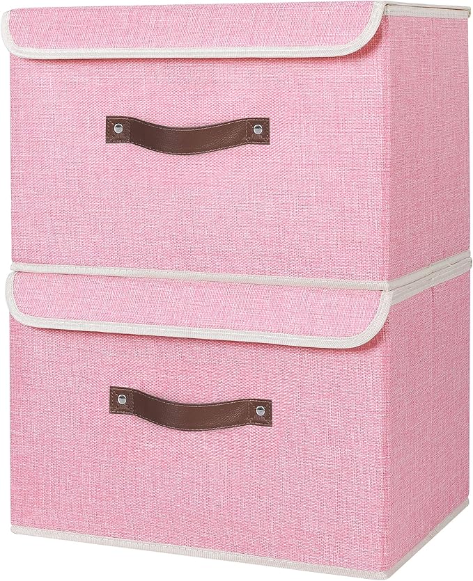 ANMINY 2PCS Storage Bins with Lid PU Leather Handles Storage Boxes PP Plastic Board Decorative Foldable Lidded Cotton Linen Fabric Home Cubes Baskets Closet Organizer Containers - Pink, Large Size-CubbioJoy