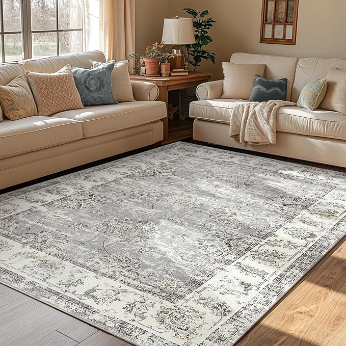 jinchan Vintage Floral 5x7 Area Rugs for Bedroom - Machine Washable Distressed Design Stain Resistant Boho Carpet Ultra-Thin Low Pile Non-Slip Rug for Living Room Dining Room Kitchen (5‘x7',Grey)-CubbioJoy