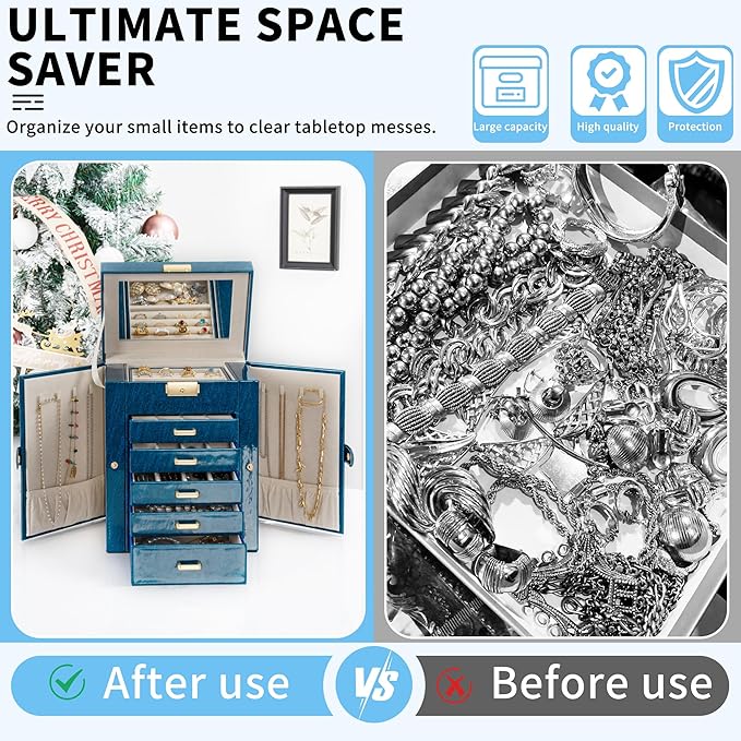 AKOZLIN 6-Tier Jewelry Box Lockable Leather Jewelry Storage Case with 5 Drawers for Women Girls Ring Necklace Earring Bracelet Holder Organizer with Mirror Blue-CubbioJoy