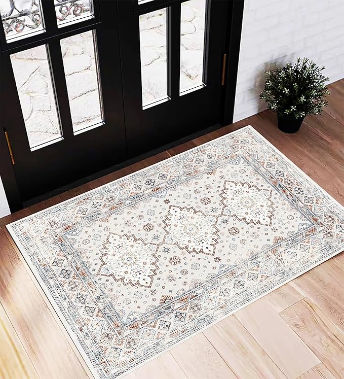 Area Rug 2x3 Washable Rug Door Mat Vintage Distressed Doormat Indoor Entrance Traditional Thin Floral Print Non Slip Carpet for Kitchen Bathroom Bedroom Living Room-CubbioJoy