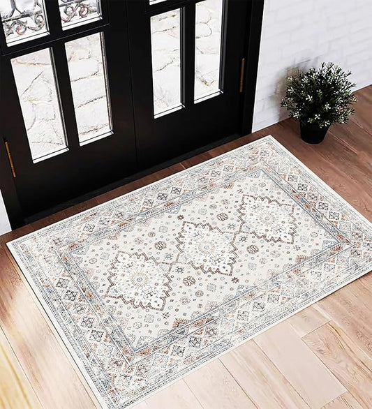 Area Rug 2x3 Washable Rug Door Mat Vintage Distressed Doormat Indoor Entrance Traditional Thin Floral Print Non Slip Carpet for Kitchen Bathroom Bedroom Living Room-CubbioJoy