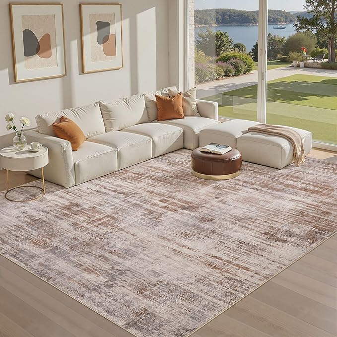Area Rug for Living Room: 10x14 Washable Neutral Abstract Modern Soft Rugs Non Slip Indoor Floor Stain Resistant Large Carpet for Bedroom Dining Room Office Nursery - Red Brown-CubbioJoy