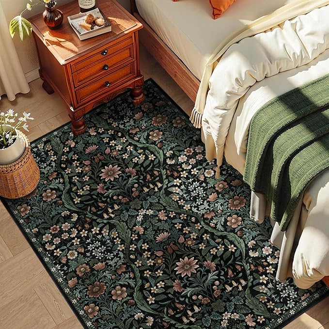 3x5 Black Boho Floral Vintage Area Rug,Soft Lightweight Low Pile Non-Shedding Carpet,Machine Washable Stain Resistant & Non-Slip for Entryway,Bedroom, Kids Room,Living Room-CubbioJoy