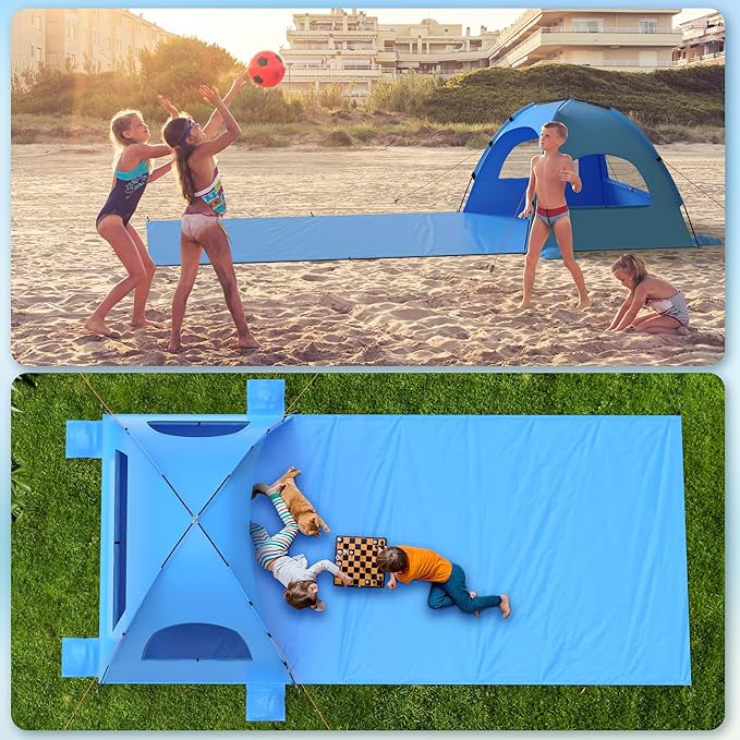 Beach Tent Sun Shelter with Extended Sand Mat 114×82inch，UPF 50+ Protection, 3 Double-Layer Windows for Enhanced Privacy; Portable Beach Shade, 3-4 People. Windproof and Waterproof-CubbioJoy