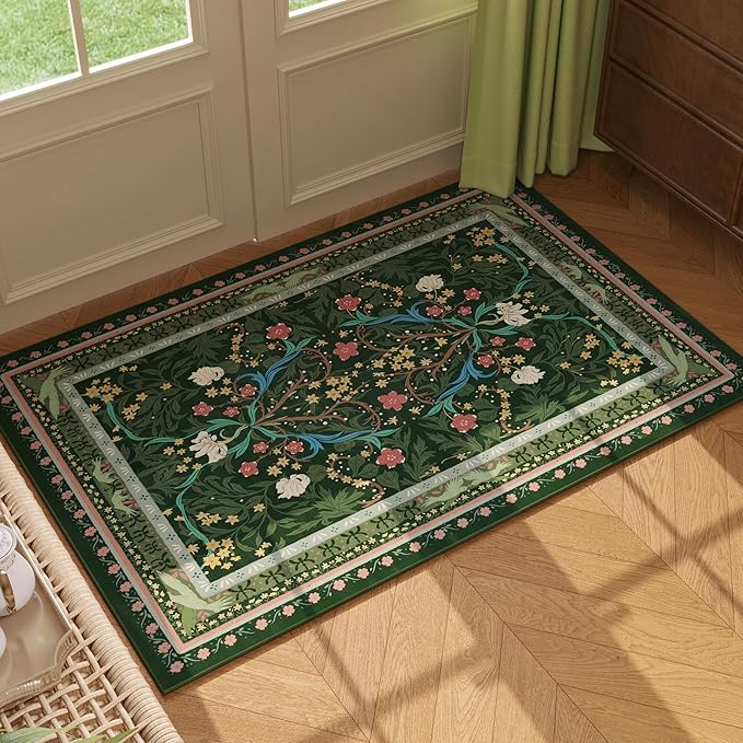Door Mat Indoor Entrance 2x3 Rug Machine Washable Vintage Floral Botanical Small Area Rug Non-Slip Low Pile Throw Rugs for Entryway, Kitchen, Front Door Entrance, Entry, Kids Room, Green-CubbioJoy