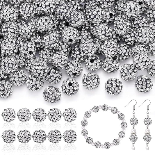 160pcs 10mm Rhinestone Beads for Jewelry Making, Black White Shiny Round Disco Ball Beads Bulk, Sparkle Crystal Clay Christmas for Bracelet Baseball Necklace Earring Crafting and DIY-CubbioJoy
