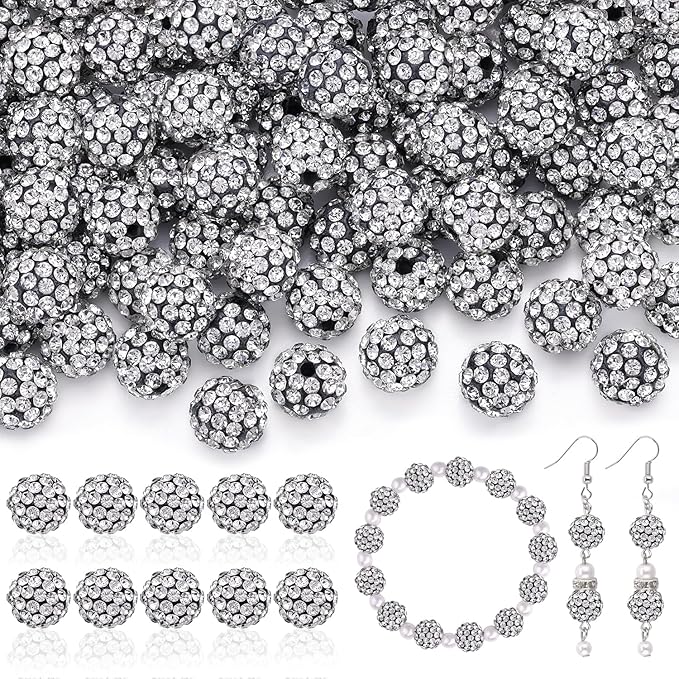 200pcs 10mm Rhinestone Beads for Jewelry Making, Black White Shiny Round Disco Ball Beads Bulk, Sparkle Crystal Clay Christmas for Bracelet Baseball Necklace Earring Crafting and DIY-CubbioJoy