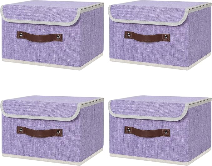 ANMINY 4PCS Storage Bins with Lid PU Leather Handles Storage Boxes PP Plastic Board Decorative Foldable Lidded Cotton Linen Fabric Home Cubes Baskets Closet Organizer Containers - Purple, Small Size-CubbioJoy