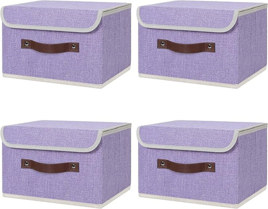 ANMINY 4PCS Storage Bins with Lid PU Leather Handles Storage Boxes PP Plastic Board Decorative Foldable Lidded Cotton Linen Fabric Home Cubes Baskets Closet Organizer Containers - Purple, Small Size-CubbioJoy