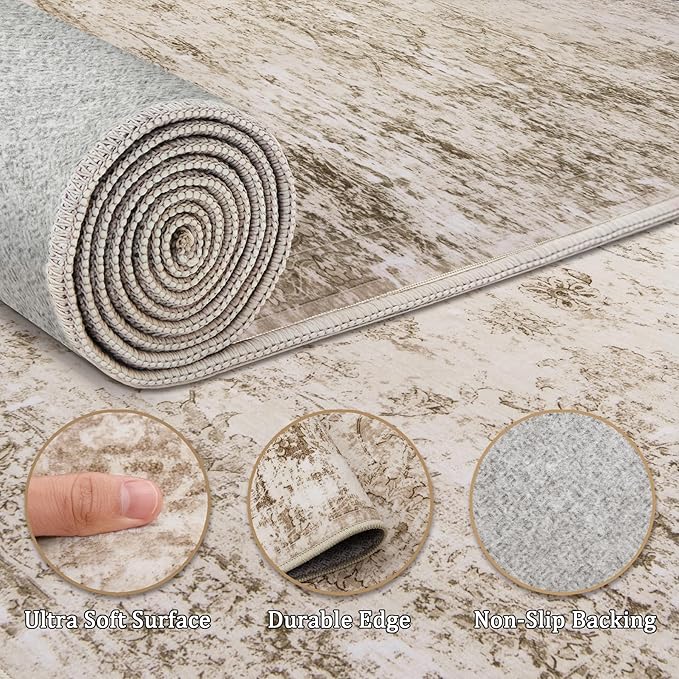 8x10 Area Rug Living Room Rugs - Washable Rug Large Modern Abstract Soft Thin Carpets Indoor Floor No Slip Vintage Carpet for Bedroom Under Dining Table Nursery Home Office Decor Beige-CubbioJoy