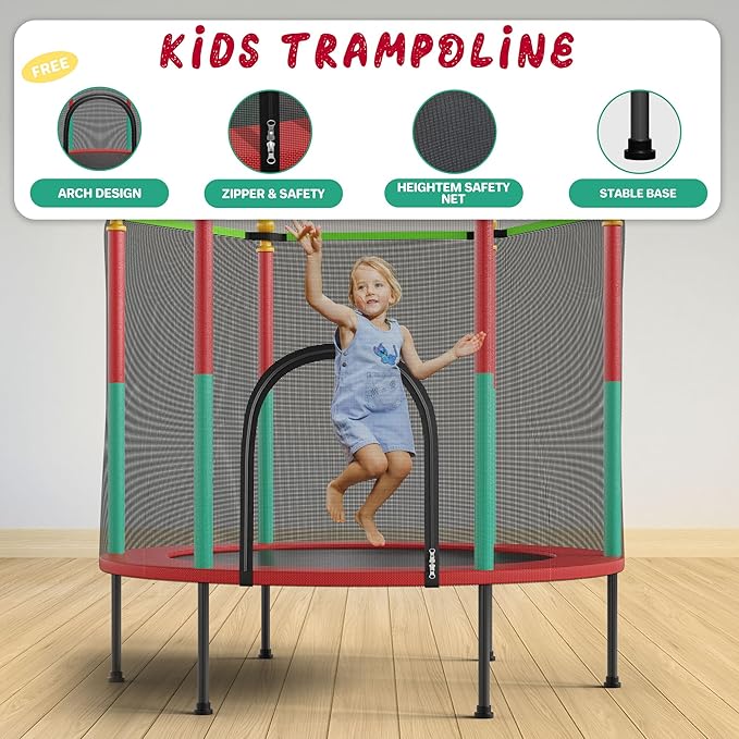55IN Trampoline for Kids - Indoor/Outdoor Play with Enclosure Net - Easy to Assemble Recreational Trampoline - Red-CubbioJoy
