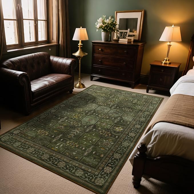 5x7 Washable Area Rug for Living Room Dining Room, Distressed Non Slip Vintage Floral Rugs for Bedroom, Traditional Indoor Floor Carpet for Dining Kitchen Farmhouse Dark Green-CubbioJoy
