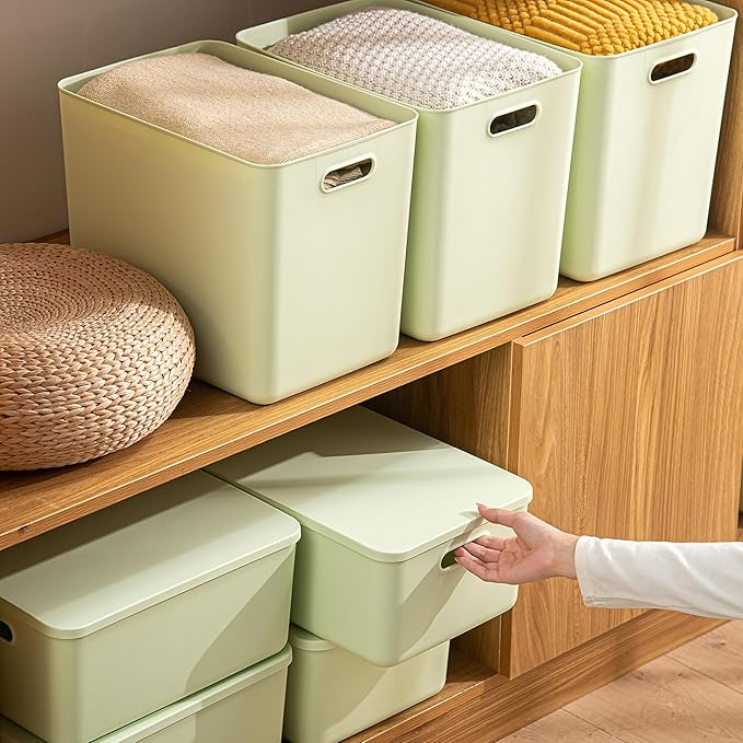 4 pack large plastic White storage bins Baskets, Toy Box Chest with Lids and Handle，Organizer Containers for Baby，Kids,snacks,Nursery，Shelves，Playroom, Bedroom，Office,Closet，home-CubbioJoy