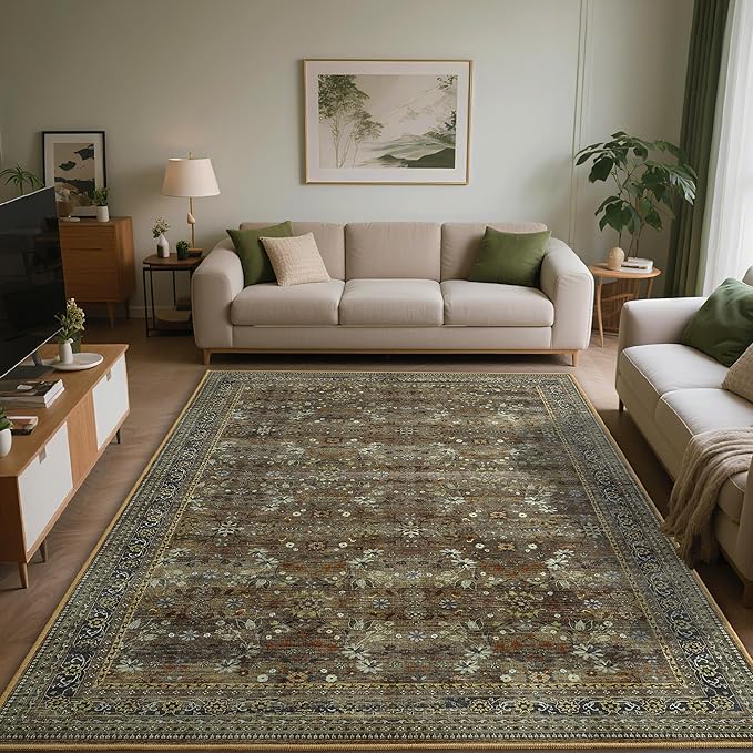 5x7 Machine Washable Area Rug for Living Room Dining Room, Vintage Floral Kitchen Rugs Non Slip, Traditional Indoor Floor Carpet for Bedroom, Farmhouse, Office Classroom Brown/Yellow-CubbioJoy