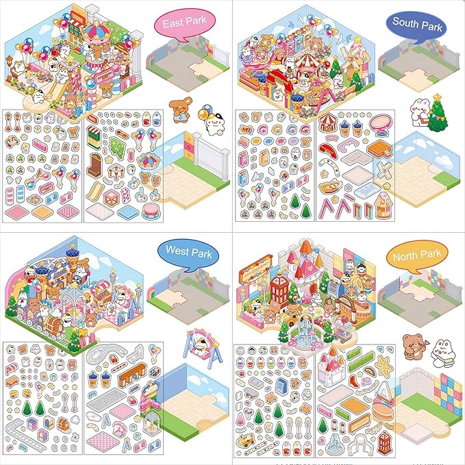 DIY 3D House Stickers, Cute 3D Cartoon Scene for Adult Kids Relief Stress Pass The Time,Cute Make Your Own House Stickers for Gifts Paint by Sticker.(4 Set)-CubbioJoy
