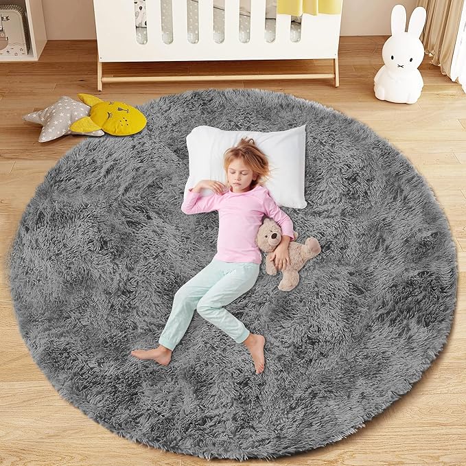 4FT Round Rug for Bedroom: Fluffy Shag Soft Washable Rugs Circle Small Fuzzy Plush Indoor Carpet for Living Room Nursery Playroom Dorm Kids Girls Boys Room (Dark Grey, 4'x4')-CubbioJoy