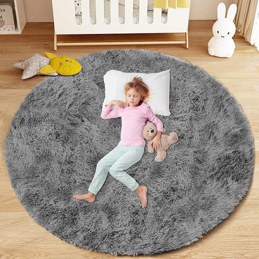 4FT Round Rug for Bedroom: Fluffy Shag Soft Washable Rugs Circle Small Fuzzy Plush Indoor Carpet for Living Room Nursery Playroom Dorm Kids Girls Boys Room (Dark Grey, 4'x4')-CubbioJoy