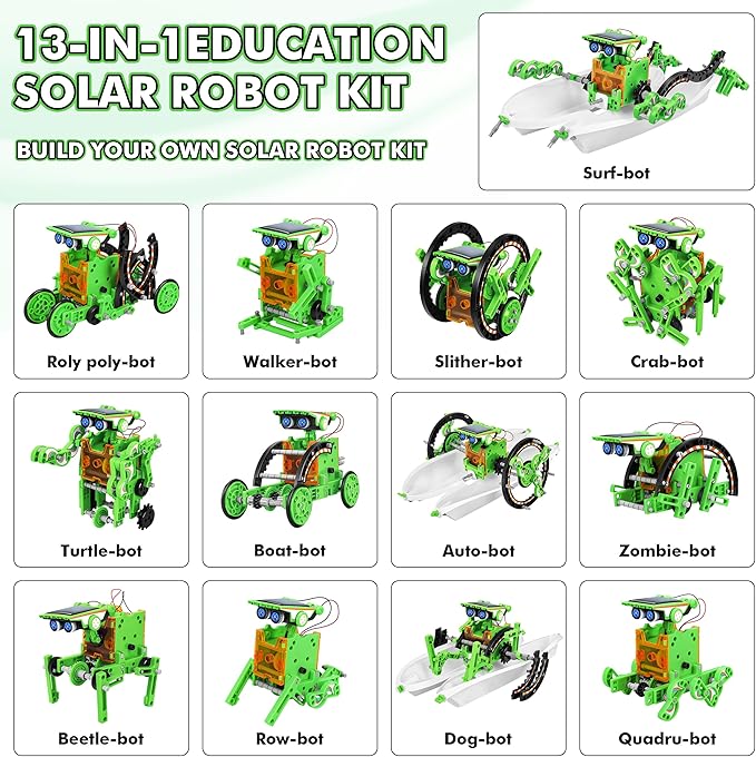 Bottleboom STEM 13-in-1 Education Solar Power Robots Toys for Boys Age 8-12, Educational Toy Science Kits for Kids Experiment Robotics Set Birthday Gifts for 8 9 10 11 12 Years Old-Green-CubbioJoy