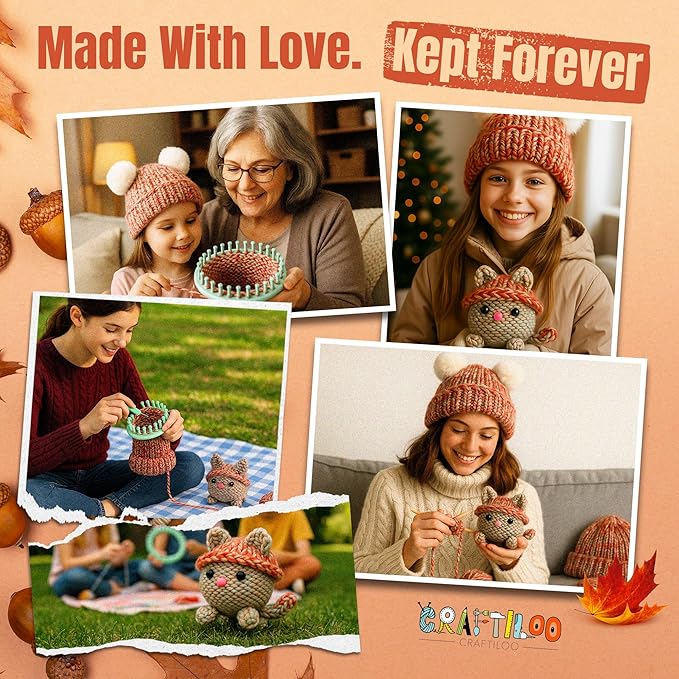 CRAFTILOO Knitting Kit for Kids – Beginner Knitting Kit to Make a Hat & Cat – Quick Knit Loom Kit with Yarn, Tools & Instructions – Knitting for Beginners Kit for Girls & Boys Ages 8+-CubbioJoy