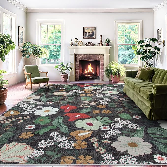 Area Rug Living Room Rugs: 6x9 Washable Rug Vintage Floral Soft Boho Non Slip Carpet Indoor Floor Non Shedding Low Pile Thin Carpets for Bedroom Dining Room Farmhouse Nursery Home Office Green-CubbioJoy