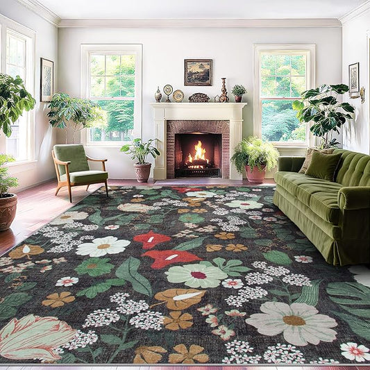 9x12 Area Rug for Living Room: Vintage Floral Washable Rug Soft Boho Non Slip Carpet Large Indoor Floor Non Shedding Low Pile Thin Carpets for Bedroom Dining Room Farmhouse Nursery Home Office Green-CubbioJoy