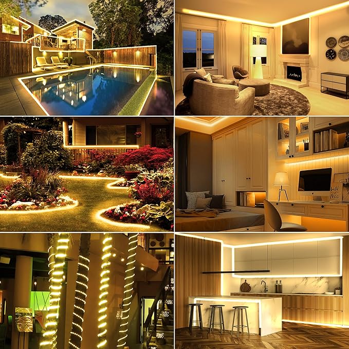 100ft 1200 LED Rope Lights Outdoor, Connectable Warm White Rope Lights Plug in, Outdoor String Lights Waterproof Decorative Lighting for Deck Patio Backyard Garden Pool Camping Room Indoor Décor-CubbioJoy