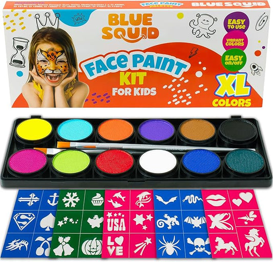 Blue Squid Face Painting Kit for Kids – Complete Face Paint Kit Palette, Stencils, 12 Colors - Safe for Sensitive Skin, Non Toxic Face Painting Kit Professional - Kids Party & Halloween Makeup Kit-CubbioJoy