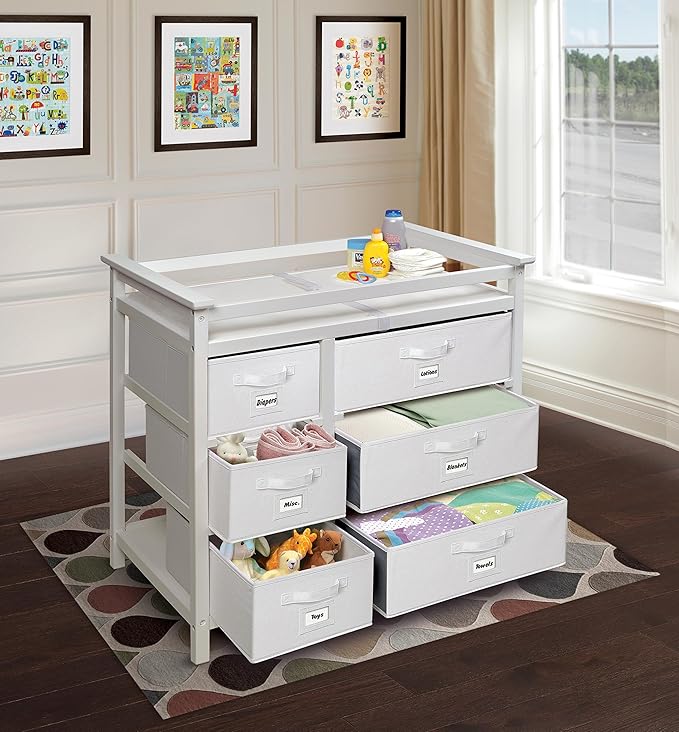 Badger Basket Modern Baby Changing Table - Diaper Station Organizer with 6 Storage Drawers, Reversible Baskets, Safety Rails - Baby Nursery Furniture with Changing Pad and Belt - White-CubbioJoy