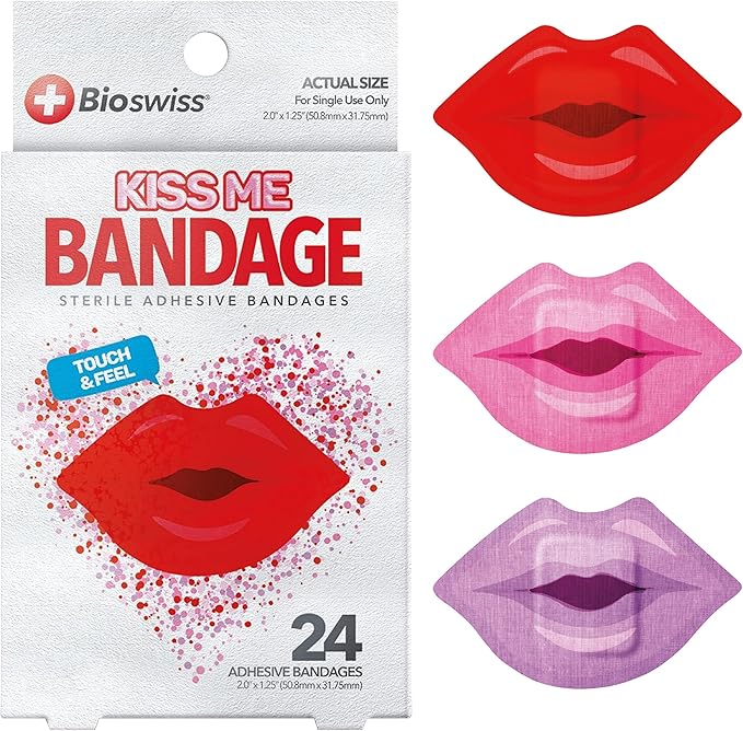 BioSwiss Bandages, Lips Shaped Self Adhesive Bandage, Latex Free Sterile Wound Care, Fun First Aid Kit Supplies for Kids, 24 Count-CubbioJoy