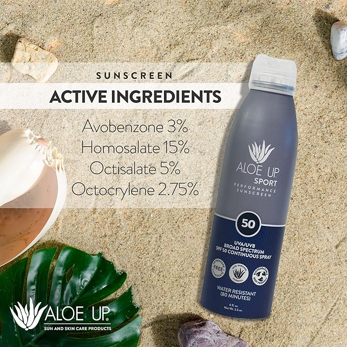 ALOE UP Sport Continuous Spray Sunscreen SPF 50 - Broad Spectrum UVA/UVB Sunscreen Protector for Face and Body - With Aloe Vera Gel - Fast Absorbing Sheer Formula - Reef Safe - Fragrance-Free - 6 Oz-CubbioJoy
