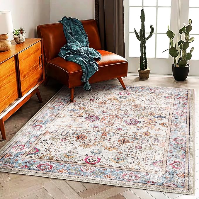 5'x7' Washable Vintage Area Rug Traditional Floor Cover Foldable Kitchen Accent Thin Rug Indoor Distressed Non Slip Carpet Floral Print Mat Bedroom Living Room Bathroom-CubbioJoy