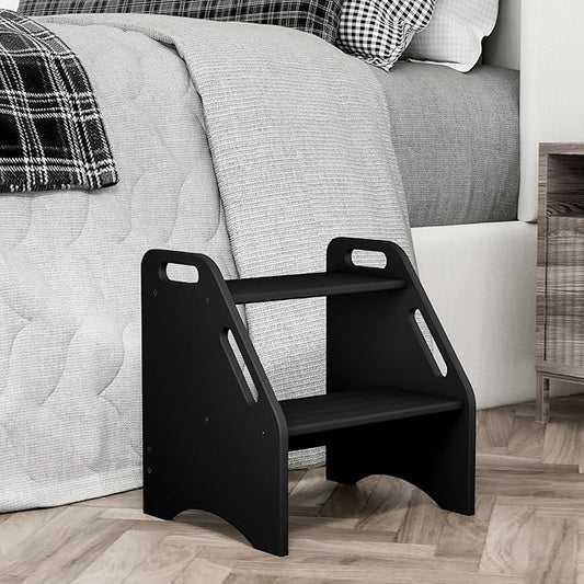 AMBIRD Wooden Step Stool, 15.75'' H Potty Training Toddler 300 lbs Capacity with Safety Non-Slip Pads and Handles, Step Stools for Kids, Bamboo 2-Step Stool for Bathroom, High Beds (Black)-CubbioJoy