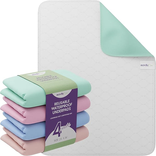 Incontinence Bed Pads - 4 Pack 24” x 36” Reusable Waterproof Mattress Protectors - Highly Absorbent, Machine Washable - for Children, Pets and Seniors - Assorted Colors - Royal Care-CubbioJoy