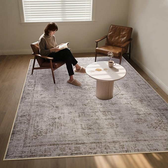 6x9 Washable Area Rug for Living Room, Non-Slip Distressed Rugs for Bedroom Dinning Room, Ultra-Thin Indoor Non-Shedding Vintage Print Carpet for Farmhouse, Home Office, Dorm Light Taupe/Cream-CubbioJoy