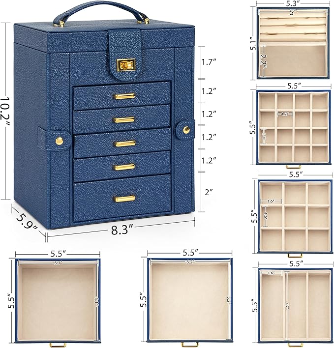 AKOZLIN Jewelry Box Organizer Functional Leather Jewelry Storage Case for Women Girls Ring Necklace Earring Bracelet Holder Organizer with Mirror Blue-CubbioJoy