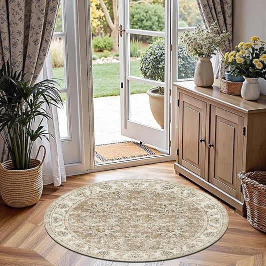 jinchan Round Rug 5ft Area Rug - Indoor Vintage Hallway Circle 5' Washable - Ultra-Thin Low Pile Soft Small Non Slip Distressed Floral Print for Living Room Dining Room Bedroom Entryway Taupe-CubbioJoy