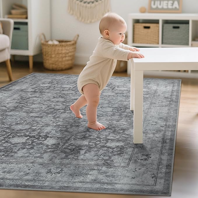 5x7 Washable Area Rug for Living Room, Non Slip Vintage Floral Rugs for Bedroom, Retro Indoor Floor Carpet for Kitchen, Dining Room, Farmhouse, Classroom (Distressed Grey)-CubbioJoy