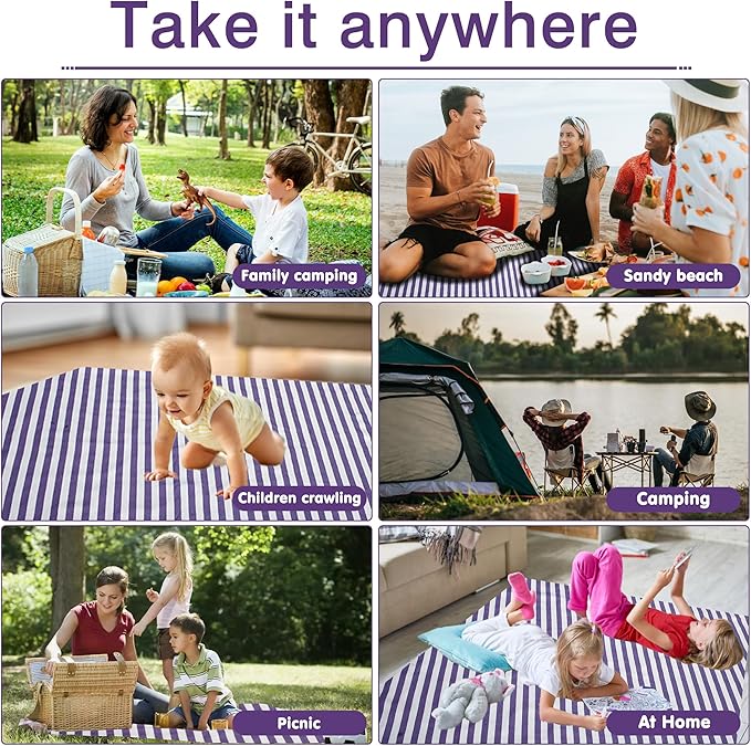 60”x 80” Picnic Blanket Waterproof and Foldable Beach Blanket, 5-Layer Outdoor Mat with Carry Strap for 6 to 8 Adults, for Camping, Park, Beach, Grass, Indoors…-CubbioJoy