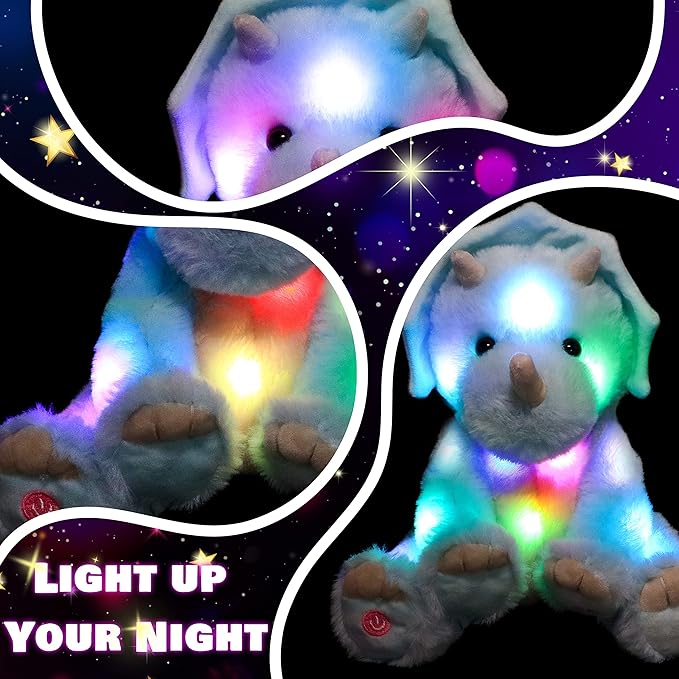Cuteoy Light-up Singing Plush Blue Triceratops LED Musical Stuffed Animal Dinosaur Adjustable Volume Lullaby Plushies Birthday Christmas Toy Gifts for Kids Toddler Girls, 13"-CubbioJoy