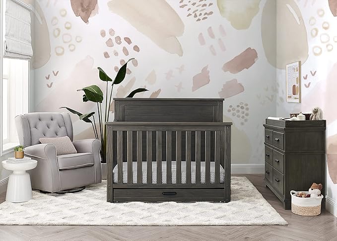 Delta Children Simmons Kids Caden 6-in-1 Convertible Crib with Trundle Drawer, Greenguard Gold Certified, Rustic Grey-CubbioJoy