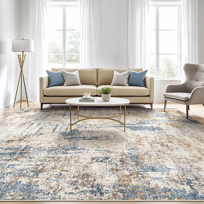9x12 Area Rug Washable Rugs: Living Room Large Abstract Modern Soft Stain Resistant Indoor Floor Non Slip Accent Carpet for Bedroom Nursery Playroom Office Dining Room Dorm Home House- Tan-CubbioJoy