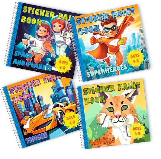 BulbaCraft 4Pcs Sticker Paint Books for Boys - Sticker Books by Number with Superheroes, Trucks, Animals and Space - Coloring Activity for Kids-CubbioJoy