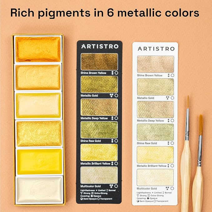 ARTISTRO Professional Metallic Watercolor Paint Set for Adults - 6 Pigment-Rich Gold Colors, XL Pans, ASTM-I Lightfastness, High Tinting Strength Watercolor Set for Professionals made by professionals-CubbioJoy