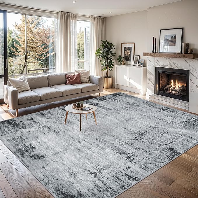 Area Rugs 10x14 Living Room - Washable Rug Modern Abstract Soft Large Neutral Non-Slip Carpet Indoor Floor Thin Carpets for Bedroom Dining Room Farmhouse Nursery Home Office Black-CubbioJoy