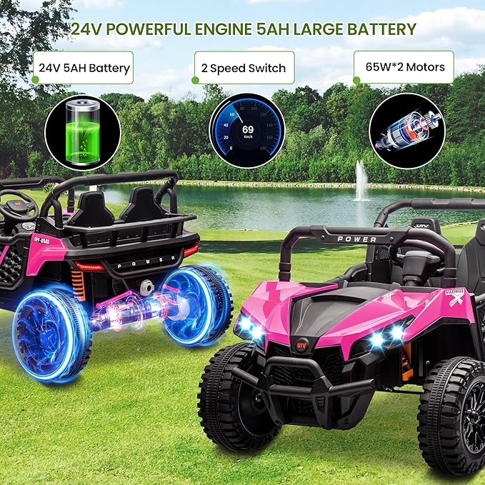 24V 2 Seater Ride On Car Truck, Power Wheels Kids UTV w/Parent Remote Control, 3.1 MPH Max Speed, Music Player, LED Lights & Storage, Electric Vehicle Ride On Toy for Kids Toddler Ages 3-8, Pink-CubbioJoy