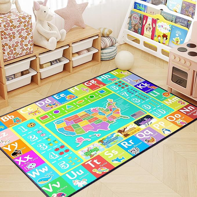 ABC Rug for Kids Playroom, 5'x 6'6" Washable Classroom Area Rugs, Educational Learning Mat with Alphabet Numbers Animals Seasons Shapes for Classroom Preschool Playroom-CubbioJoy
