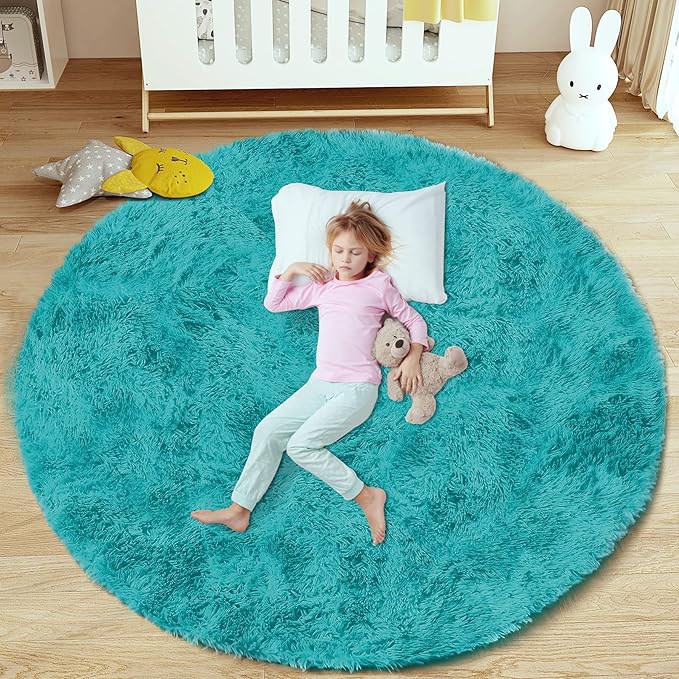 4FT Round Rug for Bedroom: Fluffy Shag Soft Washable Rugs Circle Small Fuzzy Plush Indoor Carpet for Living Room Nursery Playroom Dorm Kids Girls Boys Room (Teal Blue, 4'x4')-CubbioJoy