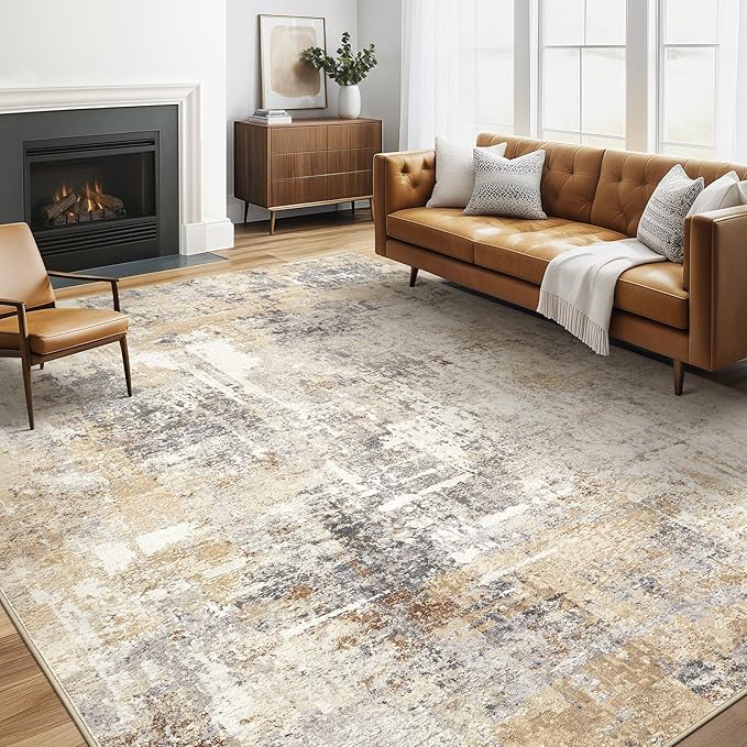 6x9 Area Rugs Living Room: Large Washable Abstract Modern Soft Rug Stain Resistant Indoor Floor Non Slip Accent Carpet for Bedroom Nursery Playroom Dining Room Office Dorm Home Decor- Gray Gold-CubbioJoy