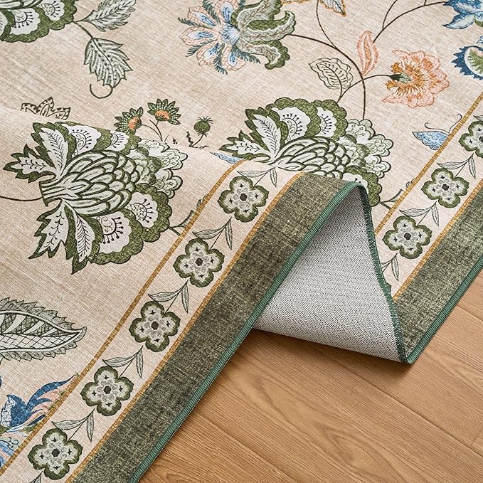 jinchan Floral Corner Rug for Entryway Washable Kitchen Rug Vintage Romance Design Non Slip Quarter Circle Lightweight Low-Pile Throw Carpet for Playroom Reading Nook Nursery, 4ft Radius, Green/Beige-CubbioJoy