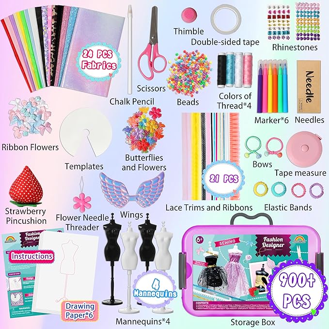 900+ Fashion Designer Kits for Girls with Mannequins-Kids Sewing Kits，Girls Fashion Design Gift，Arts and Crafts Kit，Girl Craft Activities Age 6 7 8 9 10 11 12-CubbioJoy